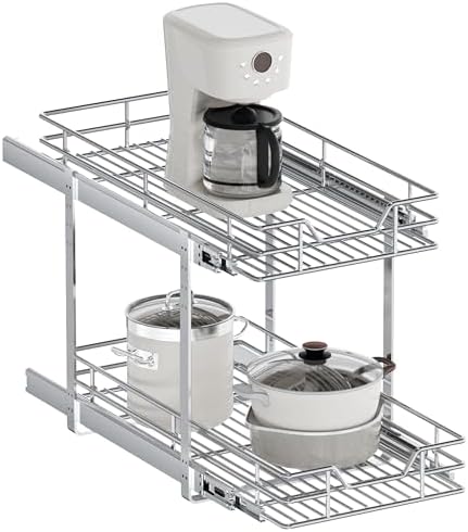 2-Tier Pull Out Cabinet Organizer, 13.5" W x 21.5" D, Heavy Duty Dual Slide Out Shelves for Base Cabinets, Chrome Wire Basket Drawer for Pantry, Kitchen & Bathroom Storage by Unknown