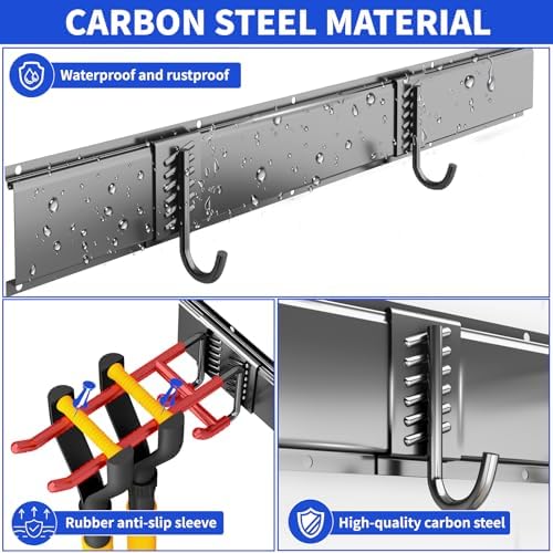 Garage Tool Organizer Wall Mount, 32 Inch Heavy Duty Garden Tool Organizer Storage System, Easy Install with 6 Adjustable Straight Hooks, for Garage, Basement, Shed, Workshop, Black, Steel - Image 5