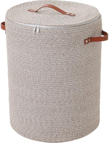16"x20" Extra Large Cotton Rope Basket with Zipper Lid, Woven Laundry Hamper and Blanket Storage Basket, Round Clothes Bin for Living Room Bedroom, Camel & White Mix by Cottonphant