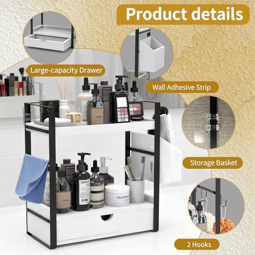 2-Tired Bathroom Counter Organizers and Storage, Bathroom Countertop Organizer with Drawer, Solid Wood Skincare Perfume Organizer for Vanity Kitchen Corner Shelf Office Countertop (White) - Image 4