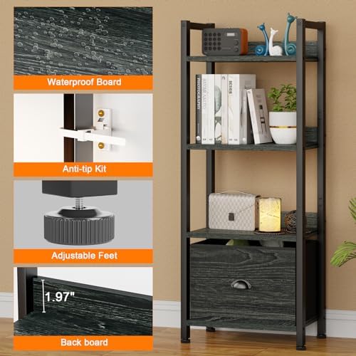 Furologee 4 Tier Bookshelf with Drawer, Small Narrow Bookcase, Black Oak - Image 5