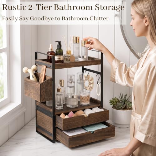 2-Tier Bathroom Counter Organizer with 2 Drawers, Basket and Hooks, Wood Bathroom Organizers and Storage for Countertop, Farmhouse Bathroom Countertop Organizer for Vanity, Kitchen, Coffee Bar, Office - Image 2