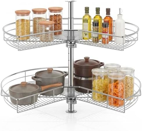 FOHERE 32" Kidney Lazy Susan Corner Cabinet Organizer, 2-Tier Adjustable Height Chrome Steel Shelves, 270° Rotating Tray, Blind Corner Kitchen Storage Replacement by HOME