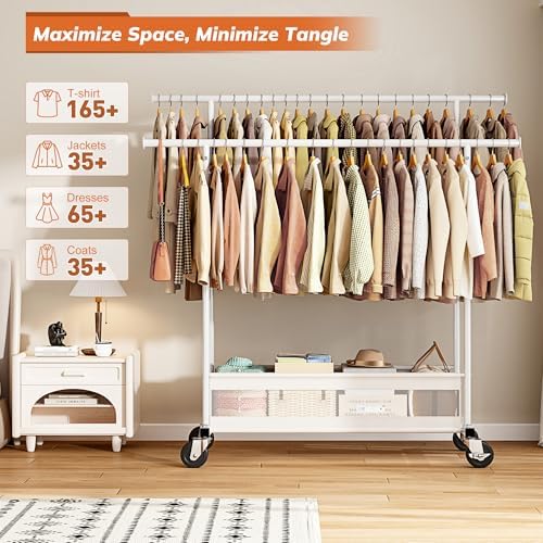 Clothes Rack 210 LBS Double Rods Extra Storage Basket - Image 3