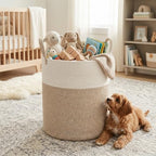Large Cotton Rope Storage Basket 80L, White and Brown Woven Basket with Handles, Decorative Laundry Hamper for Bedroom Living Room, Tall Blanket Basket for Clothes Towels Pillows - Image 5
