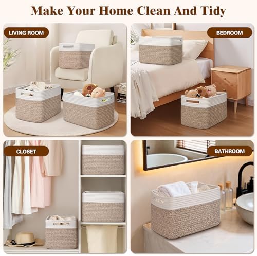 Storage Baskets for Organizing, 4 Pack Baskets for Shelves, Decorative Storage Bins for Shelves, Cotton Rope Storage Basket with Handles, Woven Basket for Storage, 13''Lx8.7''Wx7.9''H, White & Brown - Image 6