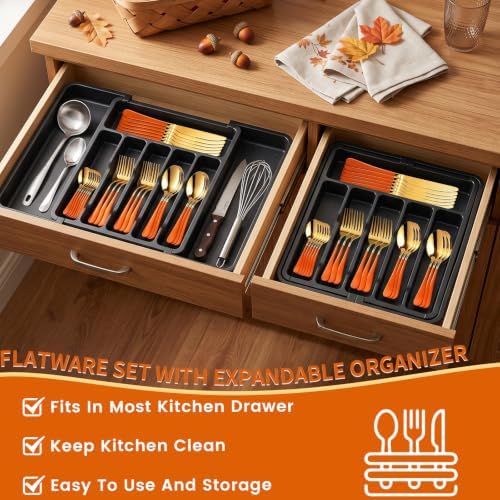 Orange Silverware Set with Expandable Drawer Organizer for 6-24 Piece Stainless Steel Flatware Set with Spoons, Forks, Knives, Heavy Duty Mirror Polished for Home/Kitchen/Restaurant (Orange-Gold) - Image 2