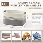60L Woven Laundry Basket Hamper with Leather Handles,Grey - Image 2