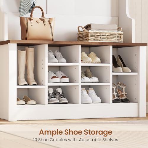 Itaar Hall Tree with Bench and Shoe Storage, 3-in-1 Entryway Bench with Coat Rack, Hall Tree with Adjustable Shoe Storage and Hanging Hooks, White and Brown (White and Brown) - Image 5