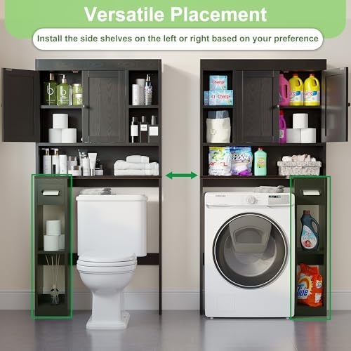 Over The Toilet Storage Cabinet with 7 Shelves, Imitation Walnut Grain Above Toilet Bathroom Organizer with Toilet Paper Holder Stand, Space Saver for Restroom, Laundry, Bathroom (Black) - Image 3