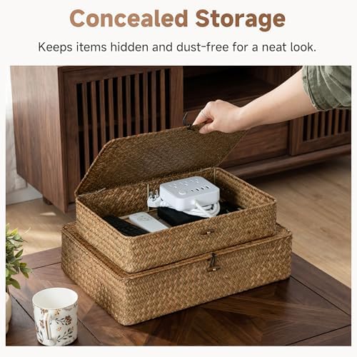 StorageWorks Wicker Basket with Lid, Large Seagrass Storage Basket with Lid - Image 4
