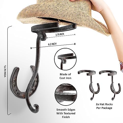 Cowboy Hat Rack - Set of 2 Decorative Wall-Mounted Holder - Heavy-Duty Iron Hanger and Organizer DIY Kit for Hats, Coats and Keys - Rustic Western Horseshoe Hooks for Storage and Display - Image 2