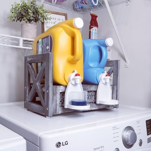 Wooden Laundry Detergent Holder – Rustic Farmhouse Laundry Shelf for Two Detergent Bottles, Laundry Room Storage and Décor, Countertop Organizer with Drip Tray & Cup Holders - Image 6