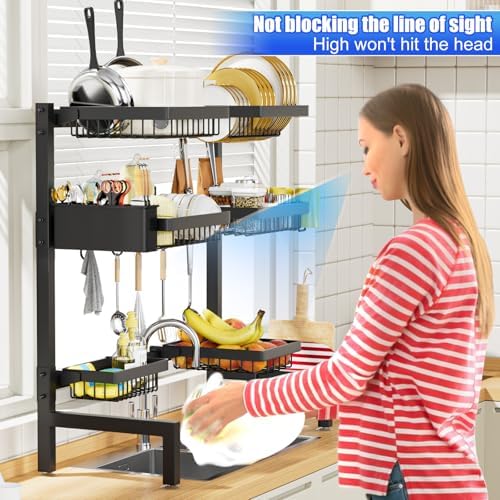 SNSLXH 3 Tiers 6 Baskets Dish Drying Rack, 24.8"-35.4",Over Sink Dish Drying Rack, 3-Tier Large Sink Rack for Kitchen, Extensible and Adjustable, Saving Kitchen Space - Image 4