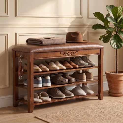 Shoe Rack Bench Entryway Storage with Leather Cushion, 31.5" by Drogenble
