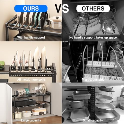 Mustorn Pots and Pans Organizer Under Cabinet, Expandable 2 Tier Under Sink Organizers and Storage Adjustable Height Kitchen Pot and Pan Lid Holder Rack with 12 Dividers Under Cabinet Shelf(Black) - Image 5