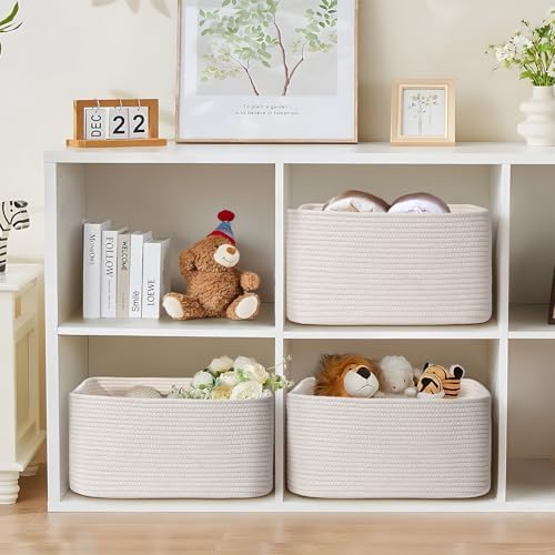 3 Pack Large Storage Basket for Organizing, 17.5"x13"x7" Woven Basket for Shelves, Closet Cube Storage Bins with Wrapped Handle, Cotton Rope Baskets for Kitchen, Clothes, Toys(Off White) - Image 2