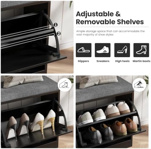 Halitaa Entryway Bench with Shoe Storage and Coat Rack, Fluted Storage Bench with Cushioned Seat and 2-Tier Flip-Drawer Shoe Cabinet, Shoe Bench for Hallway Mudroom Bedroom,Black - Image 5
