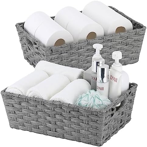 Onlytak Large Wicker Storage Basket, Metal Frame, Set of 2, Washable Waterproof, 15" x 10.3" x 5.2", Grey Color, Woven Basket for Pantry, Toilet, Bathroom, Bedroom, Patio by onlytak