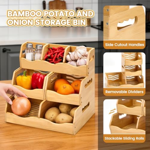 Bamboo Potato Onion Storage Bins, 3 Tier Stackable Produce Basket - Image 3