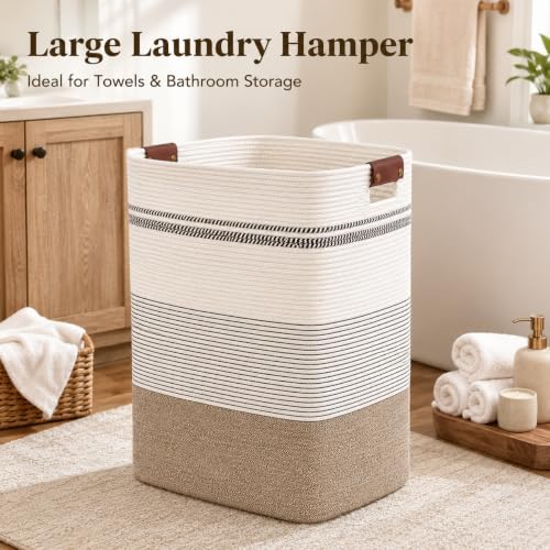 Laundry Hamper, Cotton Rope Laundry Basket with Leather Handles, 25.1-Gallon/95 L Large Clothes Hampers for Laundry, Woven Laundry Baskets for Blankets, Clothing, Bedroom, Living Room, Nursery - Image 3