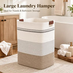Laundry Hamper, Cotton Rope Laundry Basket with Leather Handles, 25.1-Gallon/95 L Large Clothes Hampers for Laundry, Woven Laundry Baskets for Blankets, Clothing, Bedroom, Living Room, Nursery - Image 3