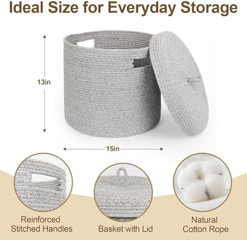 Storage Basket with Lid, Woven Blanket Storage for Living Room, Soft Cotton Rope Bin with Lid, Round Wicker Laundry Basket with Cover, Lidded Kid Dog Toy Box, Nursery Organizer, 15"x13", Gray - Image 2