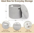 Storage Basket with Lid, Woven Blanket Storage for Living Room, Soft Cotton Rope Bin with Lid, Round Wicker Laundry Basket with Cover, Lidded Kid Dog Toy Box, Nursery Organizer, 15"x13", Gray - Image 2