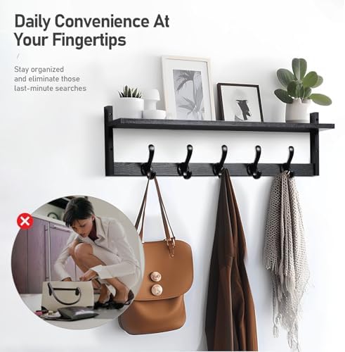 Tatub 29'' Coat Rack Wall Mount with Shelf, Wood Wall Hooks with Storage, Entryway Shelf with 5 Coat Hangers for Bathroom, Living Room, Bedroom, Black - Image 3