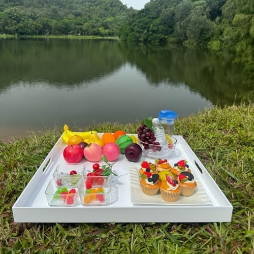 White Acrylic Ottoman Tray with Cutout Handles 24x24 Inch Over-Sized Serving Tray Rubber Boot Organizer Decorative Tray for Living Room, Bedroom,Bathroom Entryway and Kitchen Tabletop - Image 4