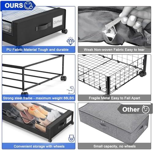 Beborxue Under Bed Storage with Wheels, 4-Pack UnderBed Storage Containers with Clear Lids, XXL 60L Under the Bed Storage Organizer Bins, Rolling Under Bed Metal Drawer for Clothes,Shoes,Toys (Black) - Image 2