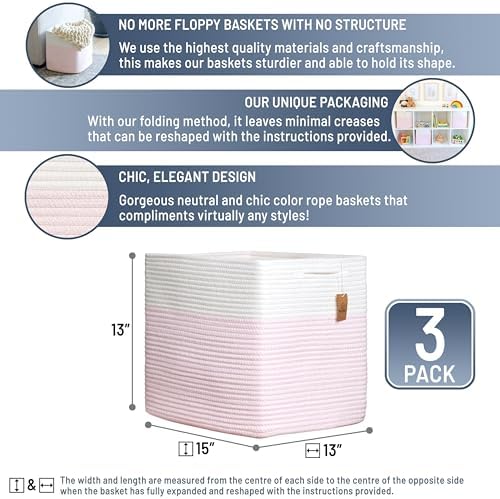 NaturalCozy 13x15x13 Kallax Storage Cubes, 3 Pack | Cotton Rope Cube Storage Bins Woven Baskets for Organizing | Kallax Insert Baskets for Shelves Organizer, Kids Toy, Pantry, Closet, Baby Nursery - Image 2
