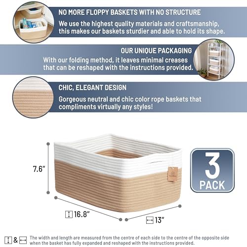 NaturalCozy Storage Baskets 16.8”x13”x7.6” Cotton Rope Woven Baskets for Organizing 3-Pack | Toy Storage Bins | Basket for Shelves, Laundry, Blanket, Clothes, Closet, Kitchen, Bathroom, Gifts - Image 2