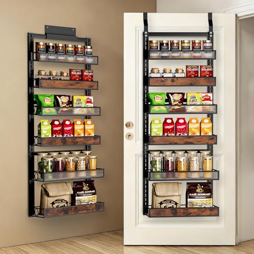 6 Tier Pantry Door Organizer Spice Rack, 2-IN-1 Wall Mount or Hanging Over Door Seasoning Organizer with Adjustable Baskets, Heavy Duty Behind Door Storage Shelves for Pantry, Cabinet and Kitchen by Clothink