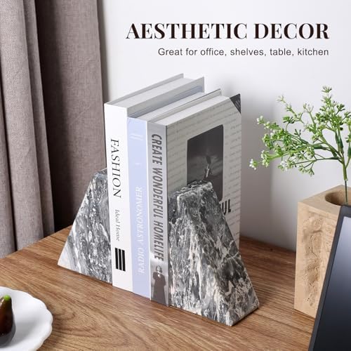 Koville Marble Bookends for Shelves, Large Bookends for Heavy Books, Natural Stone Book Stopper for Books CD Movies, Aesthetic Decorative Book Ends (Grey) - Image 7