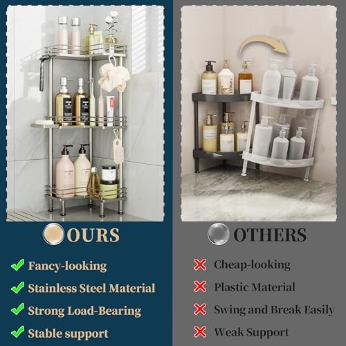 Consumest Corner Shower Caddy Standing - 3-Tier Stainless Steel Shower Organizer with Soap Holder and 4 Hooks, Large Capacity Corner Shelf Stand for Bathroom, Rest Room, Sand Nickel - Image 2