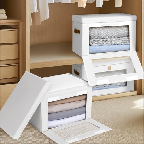 Homsorout Large Closet Storage Bins - Collapsible Clothes Organizer with Handles & Window, Decorative Boxes with Lids, Linen Closet Organizers for Living Room, Dorm, 8 Pack, White - Image 3