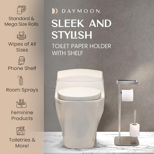 Day Moon™ - Toilet Paper Holder - Modern Roll Holder for Bathroom - 1 Pack - Free Standing - with Shelf, Brushed Nickel - Image 2