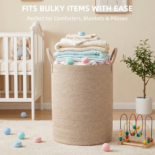 Large Woven Laundry Basket Hamper 80L Cotton Rope Storage Bin Tall Laundry Hamper for Blanket Toy and Clothes Living Room,Baby Nursery,Bathroom, Brown - Image 5