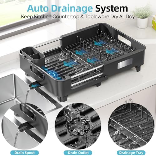 TOOLF Extendable Dish Drying Rack for Small Kitchen Counter, Black - Image 6