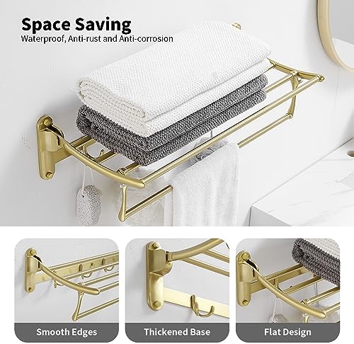 BESy Towel Racks with Foldable Towel Bar Hooks, Wall Mounted Brushed Gold - Image 2