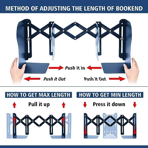 2 Pack Adjustable Metal Book Ends for Heavy Books, Extends Up to 19", Blue - Image 4