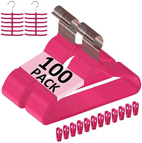VECELO Premium Velvet Suit Hangers Heavy Duty (100 Pack) - Non Slip & Space-Saving Clothes Hangers with 12 Finger Clips and 2 Tie Rack Excellent for Men and Women (Rose) by VECELO