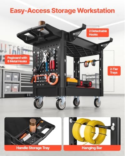 VEVOR Heavy Duty Utility Cart with Tray & Pegboard, 550 LBS 2 Tier Service Cart with 360° Swivel & Fixed Wheels (2 with Brakes), Plastic Rolling Cart, Tool Storage for Garage Warehouse Workshop - Image 3
