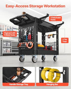 VEVOR Heavy Duty Utility Cart with Tray & Pegboard, 550 LBS 2 Tier Service Cart with 360° Swivel & Fixed Wheels (2 with Brakes), Plastic Rolling Cart, Tool Storage for Garage Warehouse Workshop - Image 3