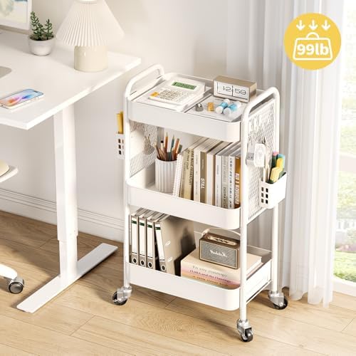 TOOLF 3 Tier Rolling Cart, Metal Utility Storage Cart with Pegboard, White - Image 2