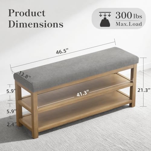 Zihanhome Shoe Rack Bench with Cushion, 2 Tier Solid Wood Storage Bench, Mid-Century Modern Shoe Bench for Entryway, Hallway, Closet, Front Door Entrance, Foyer (Grey, 46.5") - Image 2