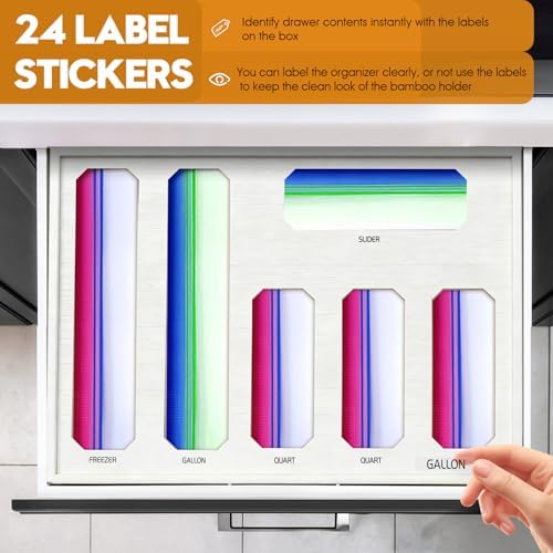 6 in 1 Bamboo Bag Storage Organizer, White Baggie Organizer for Drawer with Sliding Lid - Fits Gallon, Quart, Sandwich, Snack & Freezer Bags, Wall Mountable Kitchen Drawer Organization - Image 5