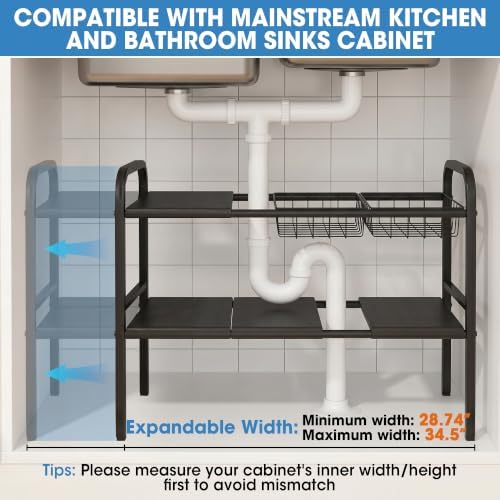 Expandable 2 Tier Under Sink Organizer, Black, 28.74-34.5 Inch Width - Image 3