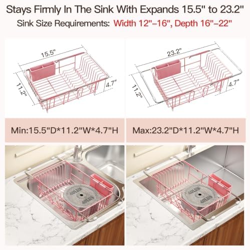 MAJALiS Pink Expandable Dish Drying Rack Over Sink with Anti-Slip Grip - Image 3